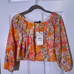 Zara Floral Pleated Crop Top with Balloon Sleeve